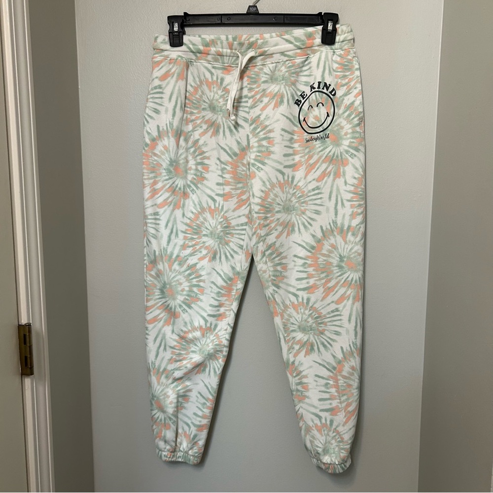 Women’s Drawstring Jogger Sweatpants Tie dye Smiley World Size L Boho Retro